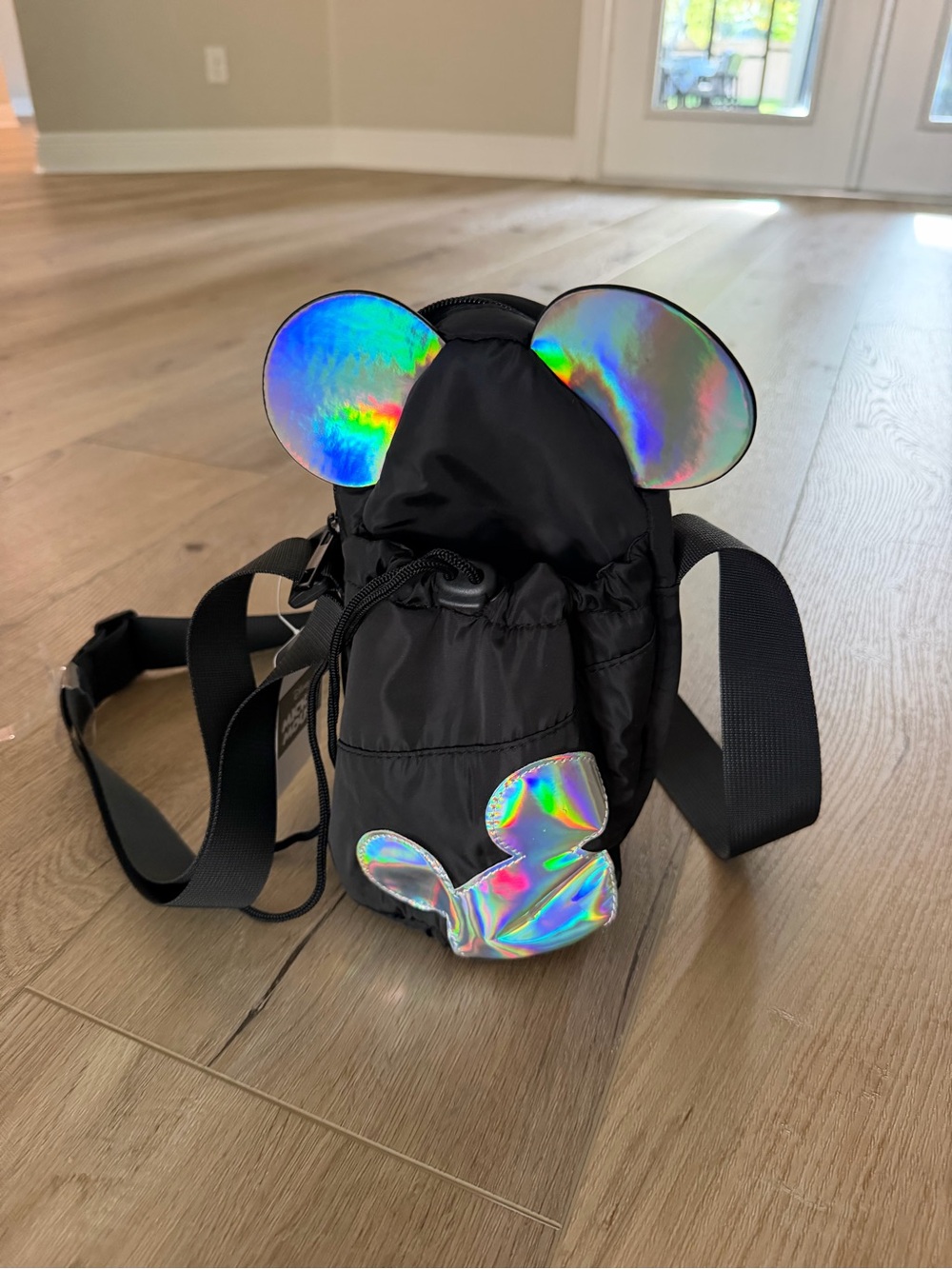 Black Holographic Accent Crossbody Bag water bottle sling bag with Mickey Mouse